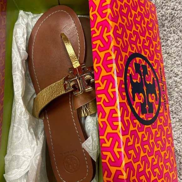 Tory Burch Gold Leather Monroe Sandals - Picture 6 of 7